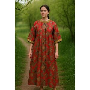 Vtg Red Caftan Dress‎ Womens XL Gold Sequin Trim Bohemian Ethnic Maxi Gown